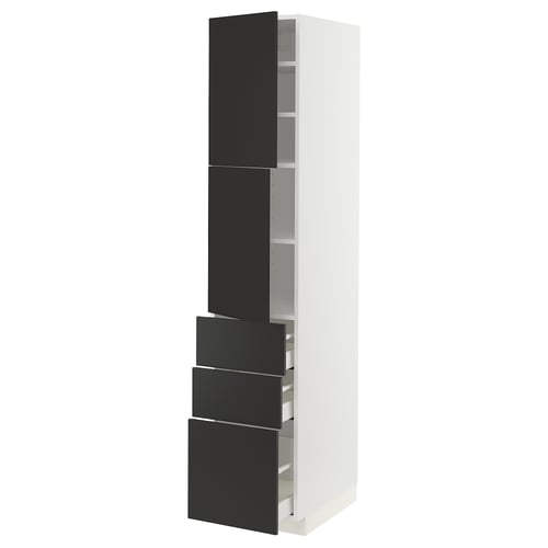 Modern white tall cabinet with black drawers and doors. Sleek design with integrated shelves and drawers, perfect for kitchen storage.
