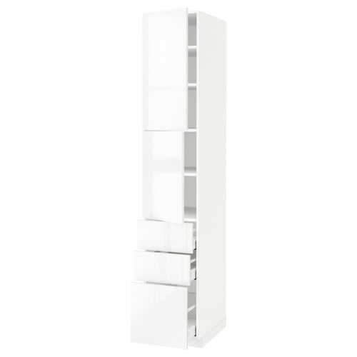 A white METOD kitchen cabinet with high-gloss ringhult fronts. It adjustable shelves and full-extension drawers.