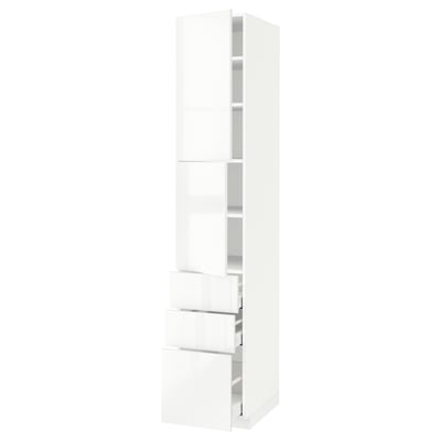 A white METOD kitchen cabinet with high-gloss ringhult fronts. It adjustable shelves and full-extension drawers.