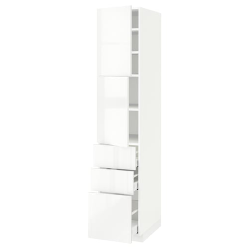 A white high cabinet from the METOD kitchen system. The cabinet a glossy finish, multiple shelves, and drawers.