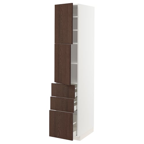 METOD kitchen cabinet with dark wood doors, modern design, shelves, and storage.