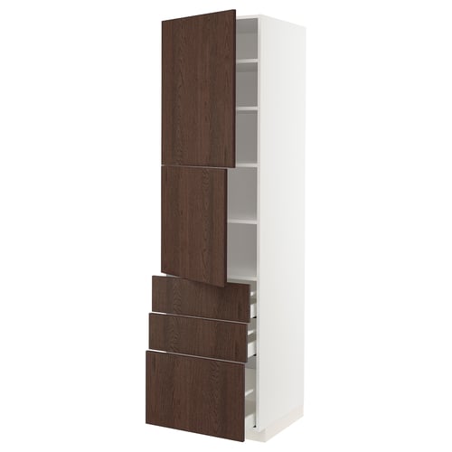This image shows a white and dark brown ikea METOD kitchen unit with wooden drawers and shelves.
