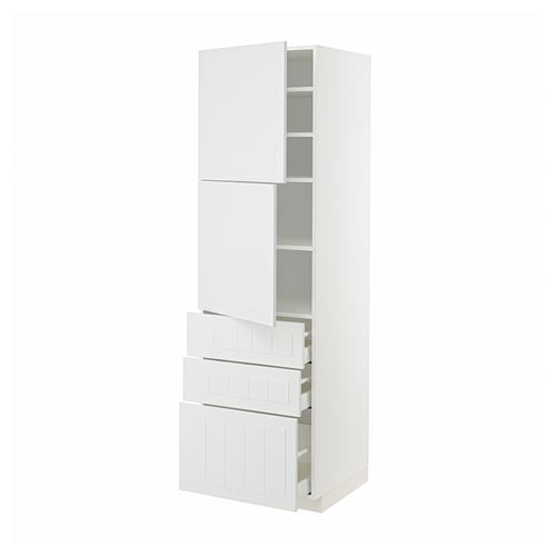 A white METOD kitchen cabinet with multiple shelves and drawers. It a sleek, modern design.