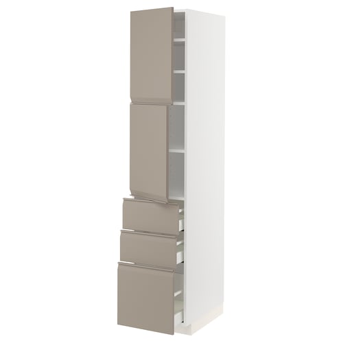 Modern tall storage unit with grey-beige drawers and doors, featuring integrated handles and adjustable shelves.