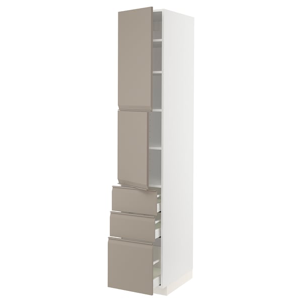 METOD / MAXIMERA High cabinet with 2 doors+3 drawers, white/Upplöv matt dark beige, 40x60x220 cm