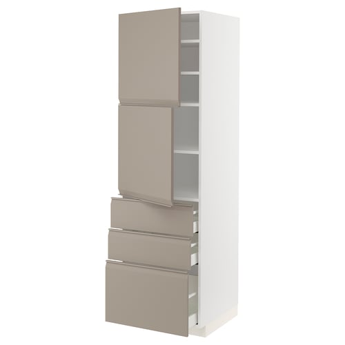 A METOD kitchen unit with beige-grey drawers and door fronts, featuring sleek integrated handles and modern design.