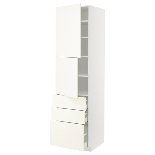 White METOD kitchen cabinet. Tall, rectangular, modern design. Includes shelves and drawers for storage.