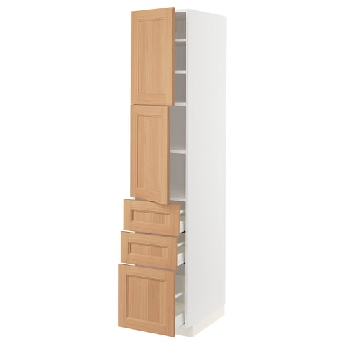Ikea METOD white tall kitchen cabinet with oak drawers and shelves.