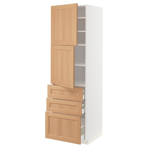 Modern kitchen unit, white with light oak drawers and doors, tall with multiple storage sections.