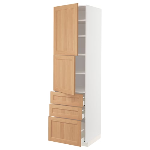 Wooden kitchen cabinet with drawers, light brown, tall, vertical.