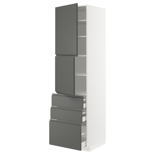 Modern kitchen unit, white with grey drawers and doors, sleek design.