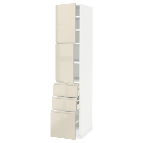 METOD / MAXIMERA High cabinet with 2 doors+3 drawers, white/Voxtorp high-gloss light beige, 40x60x200 cm