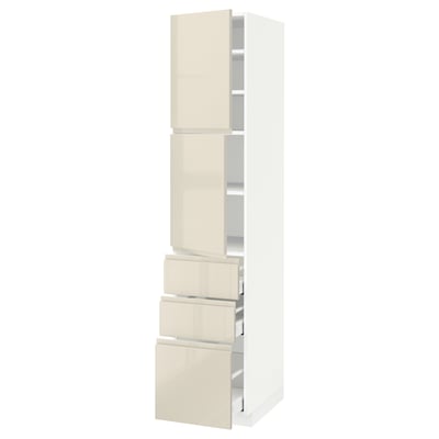 METOD / MAXIMERA High cabinet with 2 doors+3 drawers, white/Voxtorp high-gloss light beige, 40x60x200 cm
