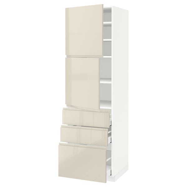 METOD / MAXIMERA High cabinet with 2 doors+3 drawers, white/Voxtorp high-gloss light beige, 60x60x200 cm