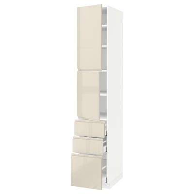 METOD / MAXIMERA High cabinet with 2 doors+3 drawers, white/Voxtorp high-gloss light beige, 40x60x220 cm