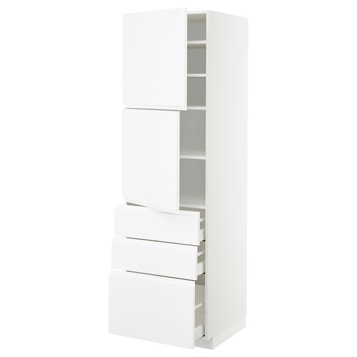 A METOD high gloss white kitchen cabinet with integrated handles, featuring adjustable shelves and full-extension drawers.
