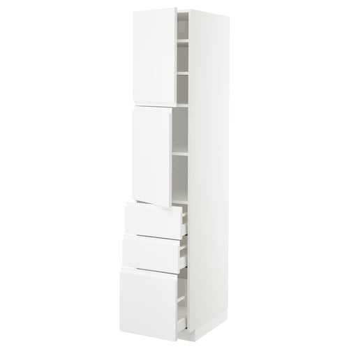 White METOD kitchen cabinet with high gloss, modern design, featuring drawers and shelves, and integrated handles.