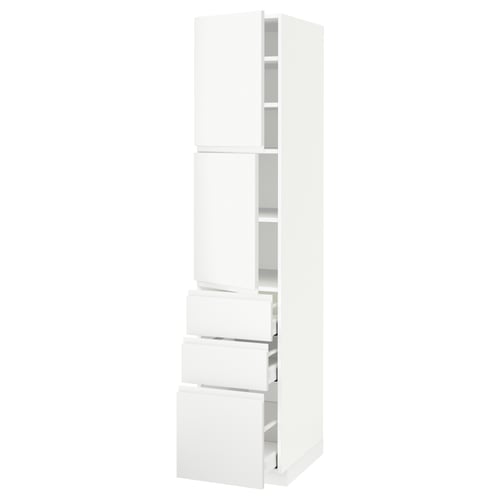 White METOD kitchen unit with drawers and shelves, minimalist design, high cabinet.