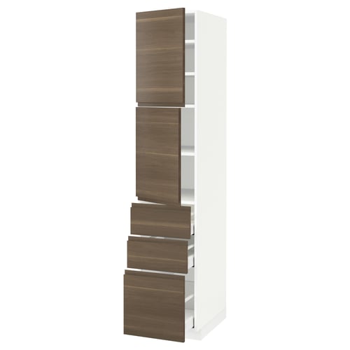 A tall white kitchen cabinet with dark walnut drawers and doors, featuring a modern, minimalist design.