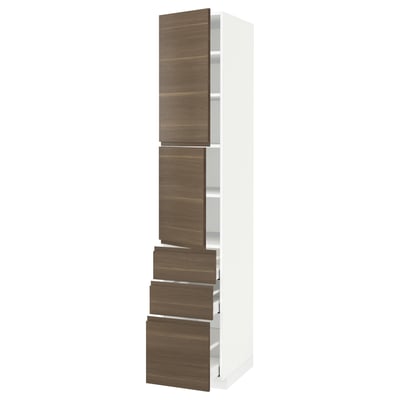 METOD / MAXIMERA High cabinet with 2 doors+3 drawers, white/Voxtorp walnut effect, 40x60x220 cm