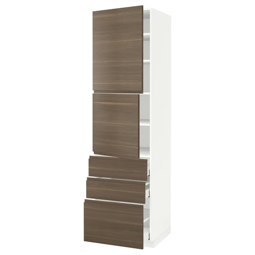 A white METOD kitchen cabinet with dark walnut effect drawers, featuring a minimalist design with integrated handles.