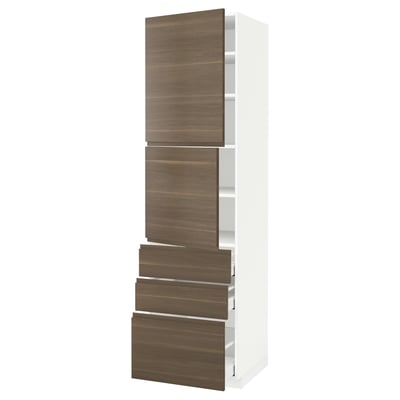 METOD / MAXIMERA High cabinet with 2 doors+3 drawers, white/Voxtorp walnut effect, 60x60x220 cm