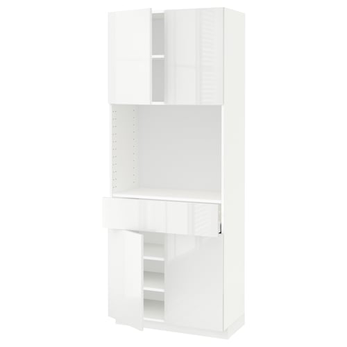 A white METOD kitchen unit with glossy doors and adjustable shelves. It has a sleek, modern design.