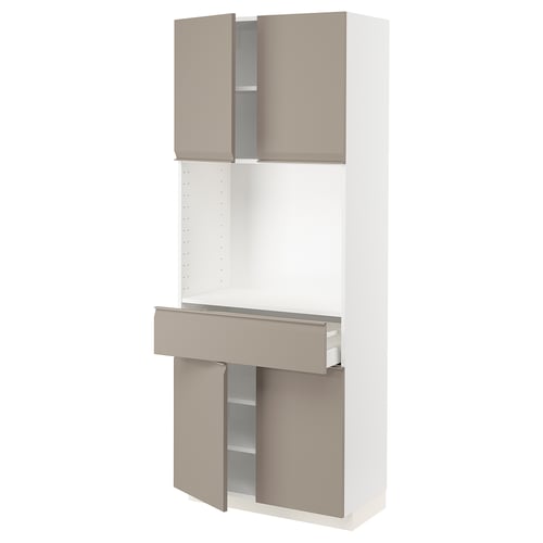 Modern kitchen cabinet: METOD. White and beige, sleek and tall with multiple shelves and drawers.