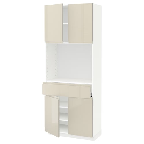 Beige high gloss kitchen cabinet, modern, various compartments.