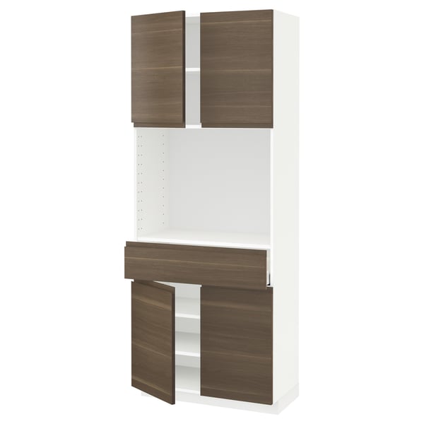 METOD / MAXIMERA High cabinet with 4 doors+1 drawer, white/Voxtorp walnut effect, 80x41x200 cm