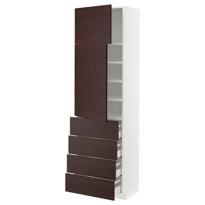 METOD / MAXIMERA High cb w 2 doors/shelves/4 drawers, white Askersund/dark brown ash effect, 60x41x200 cm