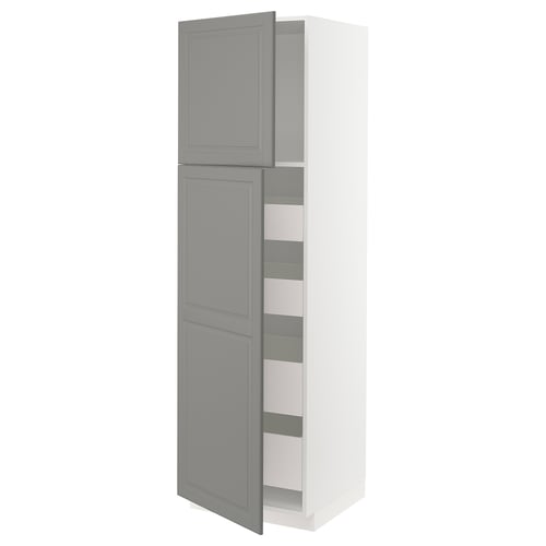 Ikea METOD kitchen unit with grey bodbyn doors, white frame, adjustable shelves, and soft-close drawers.