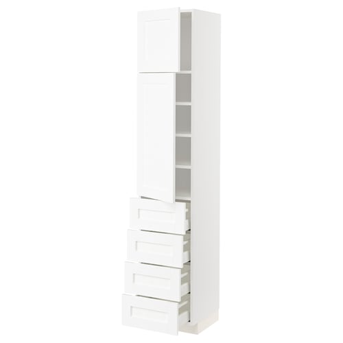 A white METOD kitchen cabinet with four drawers and two shelves. Its sleek, modern, and a combination of doors and drawers.