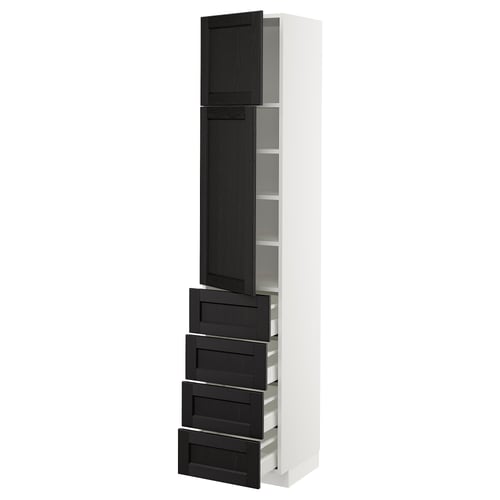 White and black kitchen cabinet with drawers and shelves, sleek and modern design.
