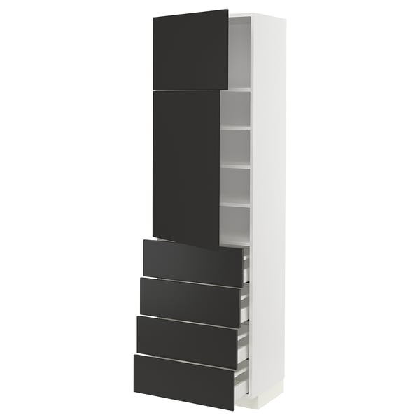 METOD / MAXIMERA High cb w 2 doors/shelves/4 drawers, white/Nickebo matt anthracite, 60x41x200 cm
