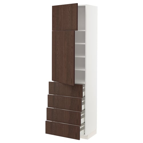 A white METOD kitchen unit with dark brown sinarp drawers and doors featuring oak veneer and solid wood edges.