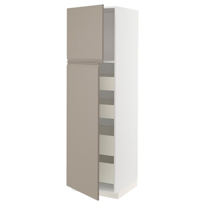 METOD / MAXIMERA High cb w 2 doors/shelves/4 drawers, white/Upplöv matt dark beige, 60x60x200 cm