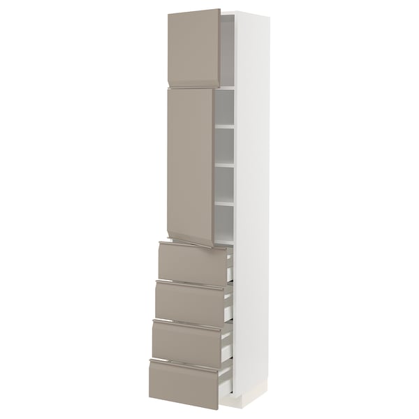 METOD / MAXIMERA High cb w 2 doors/shelves/4 drawers, white/Upplöv matt dark beige, 40x41x200 cm