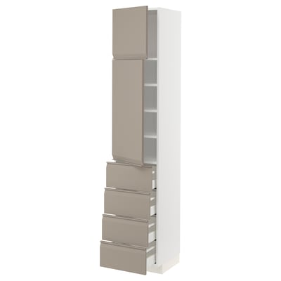 METOD / MAXIMERA High cb w 2 doors/shelves/4 drawers, white/Upplöv matt dark beige, 40x41x200 cm