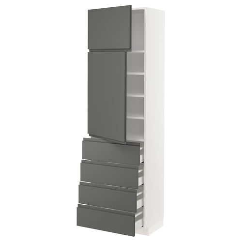 Modern kitchen cabinet, METOD series, grey and white colours, mix of doors and drawers, sleek handles, with a tall standalone shape.