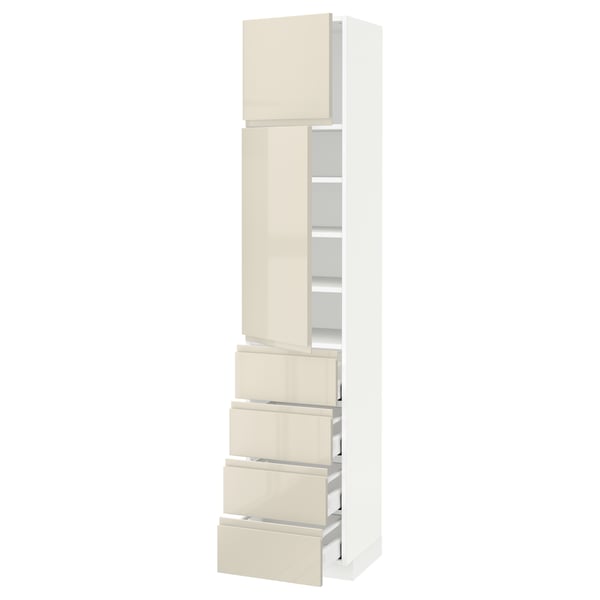 METOD / MAXIMERA High cb w 2 doors/shelves/4 drawers, white/Voxtorp high-gloss light beige, 40x41x200 cm