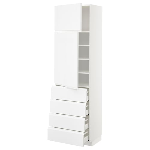 A high gloss white METOD kitchen cabinet with integrated handles, adjustable shelves, and a contemporary design.