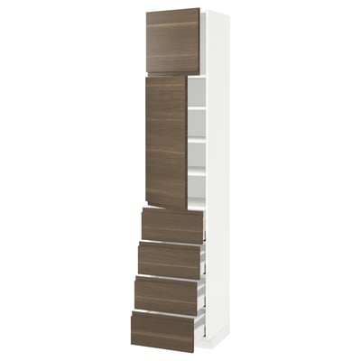 METOD / MAXIMERA High cb w 2 doors/shelves/4 drawers, white/Voxtorp walnut effect, 40x41x200 cm