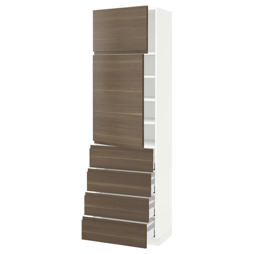 Walnut effect tall kitchen unit with white frame and wooden handles.