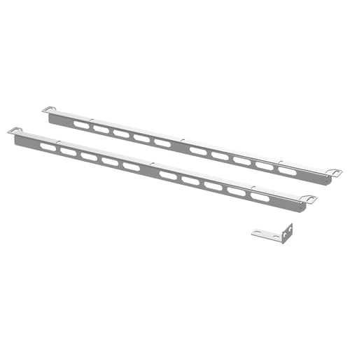 Two silver metal brackets used for supporting kitchen worktops. They feature a series of cutouts to enhance ventilation.