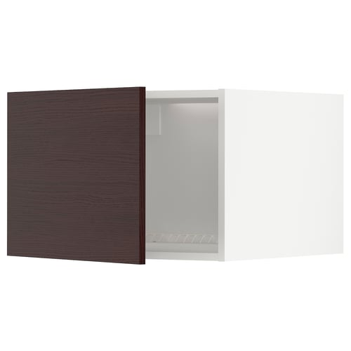 Dark brown wooden-kit METOD kitchen cabinet, white interior, square shape.