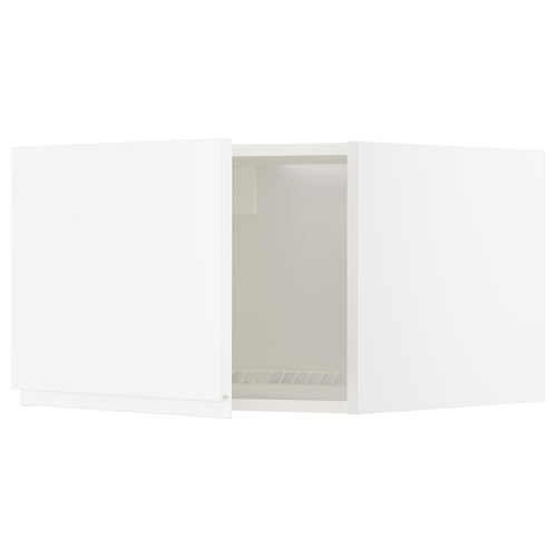 White high-gloss kitchen cabinet with sleek handles, minimalist design.