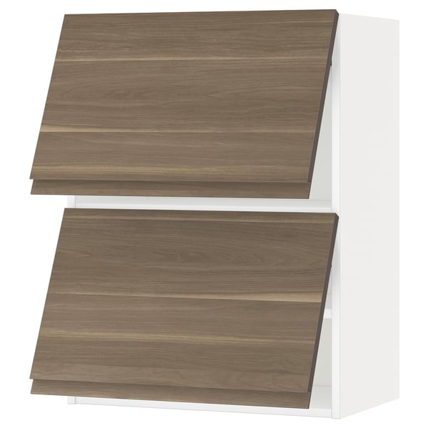 METOD Wall cab horizo 2 doors w push-open, white/Voxtorp walnut effect, 60x37x80 cm