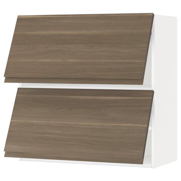 METOD Wall cab horizo 2 doors w push-open, white/Voxtorp walnut effect, 80x37x80 cm