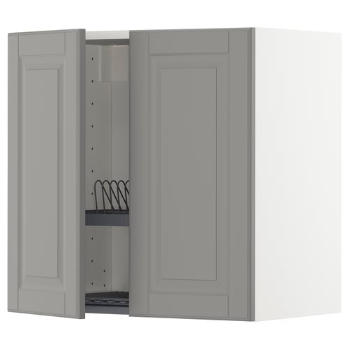 Grey kitchen cabinet with open door, made of particleboard and fiberboard, featuring a rectangular shape and bevelled edges.